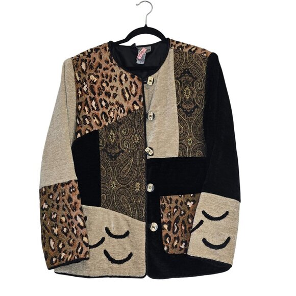 Indigo Moon Womens Large Animal Print Patchwork Jacket Chenille - Picture 8 of 12